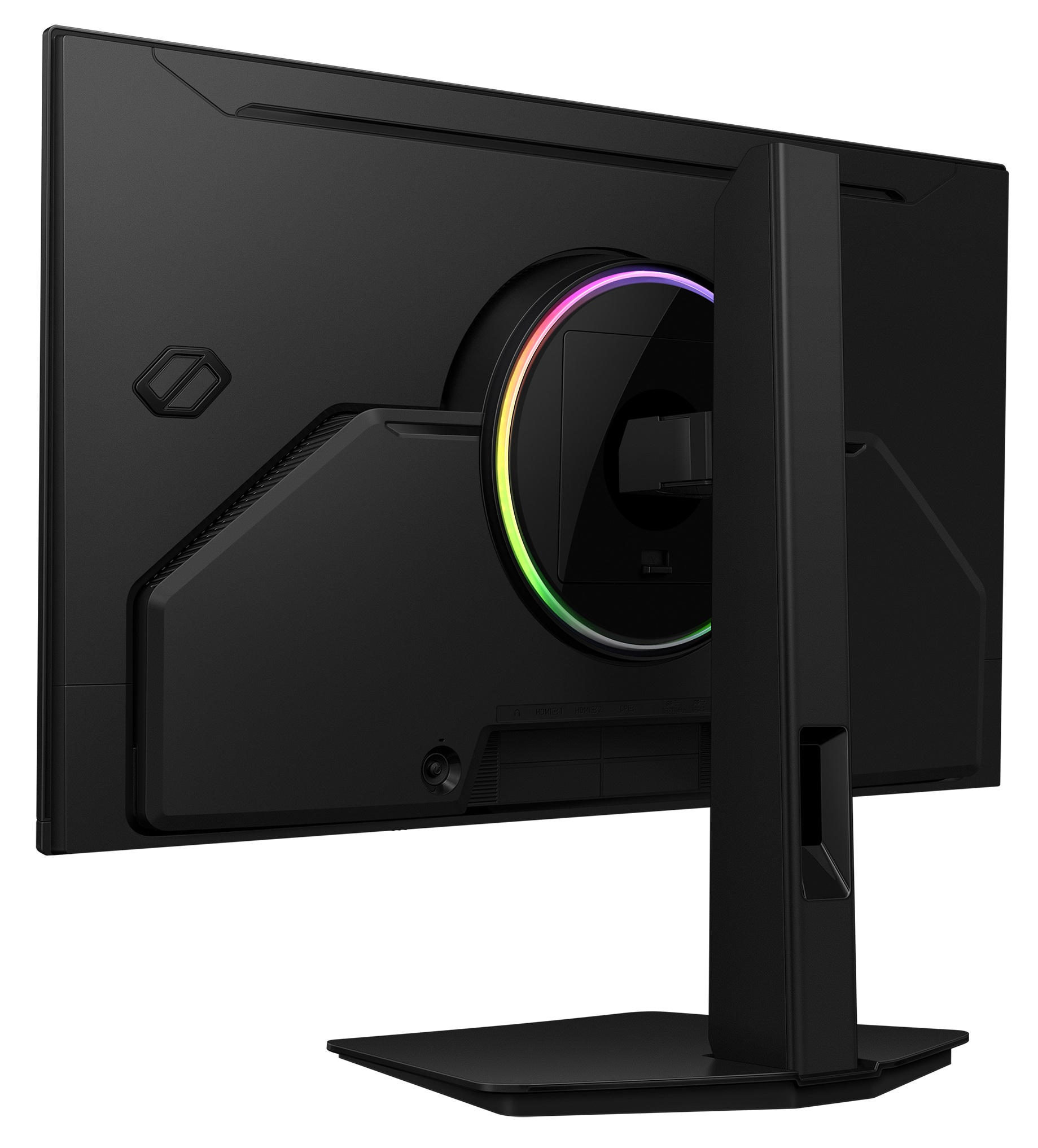 Widok z tyłu czarnego monitora z oświetleniem RGB i podstawką na białym tle.