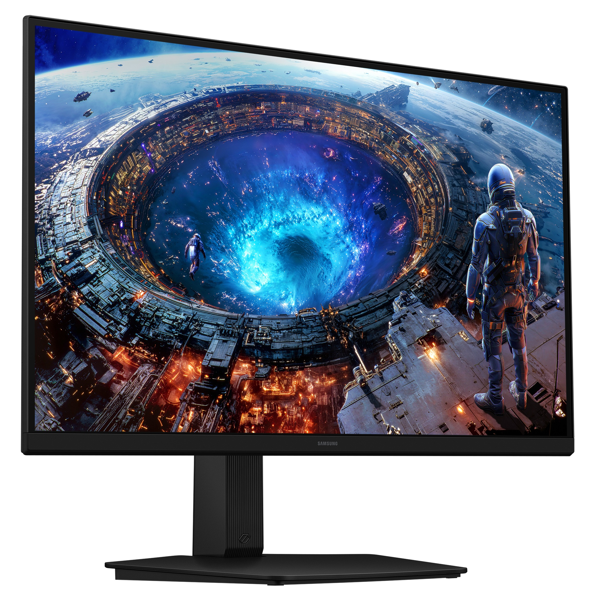 Czarny monitor Samsung wyświetla kosmiczną scenę z astronautami patrzącymi na gigantyczny statek w kształcie pierścienia.