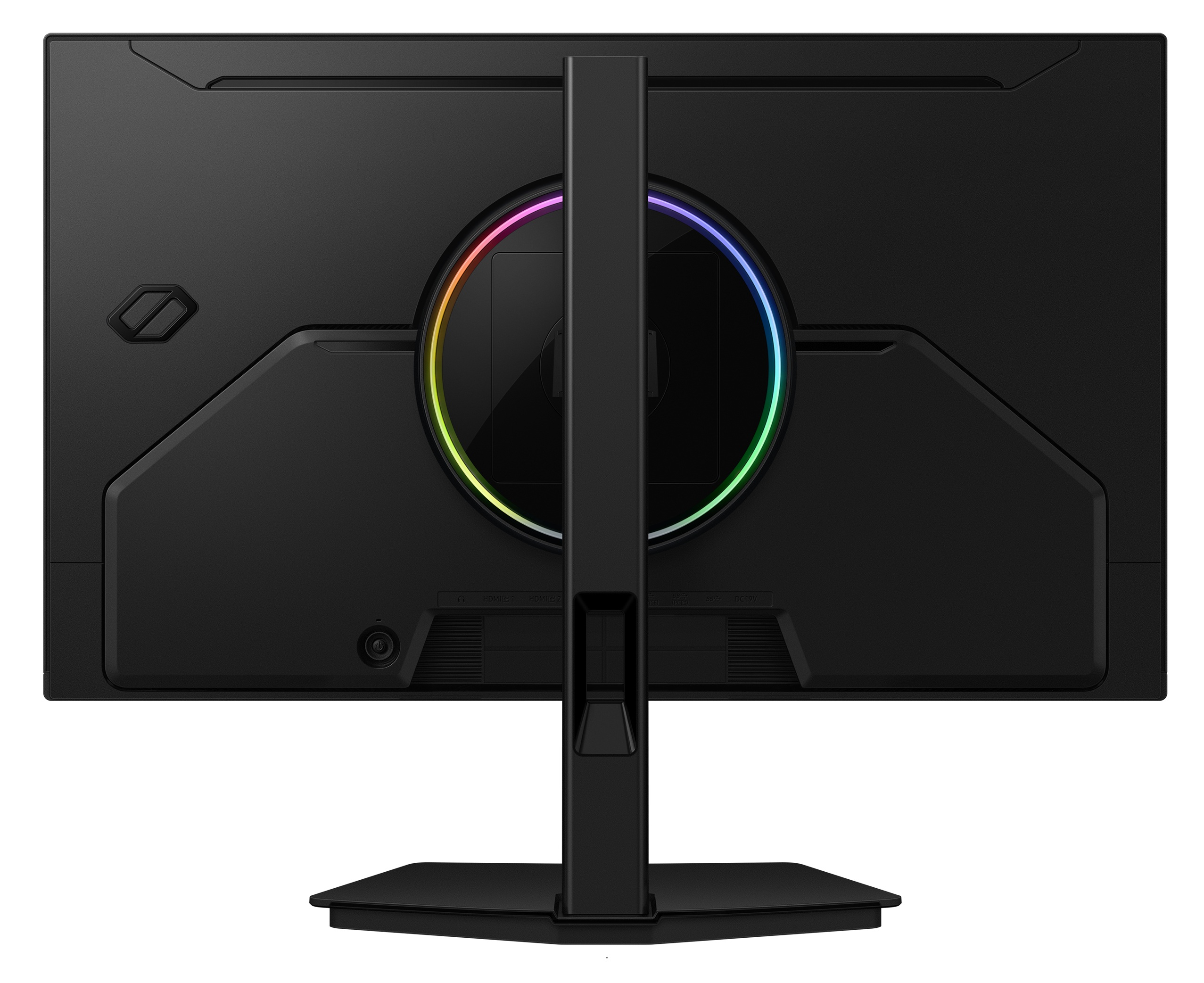 Tył czarnego monitora z pierścieniem oświetlenia RGB, centralnym stojakiem i różnymi portami na dole.