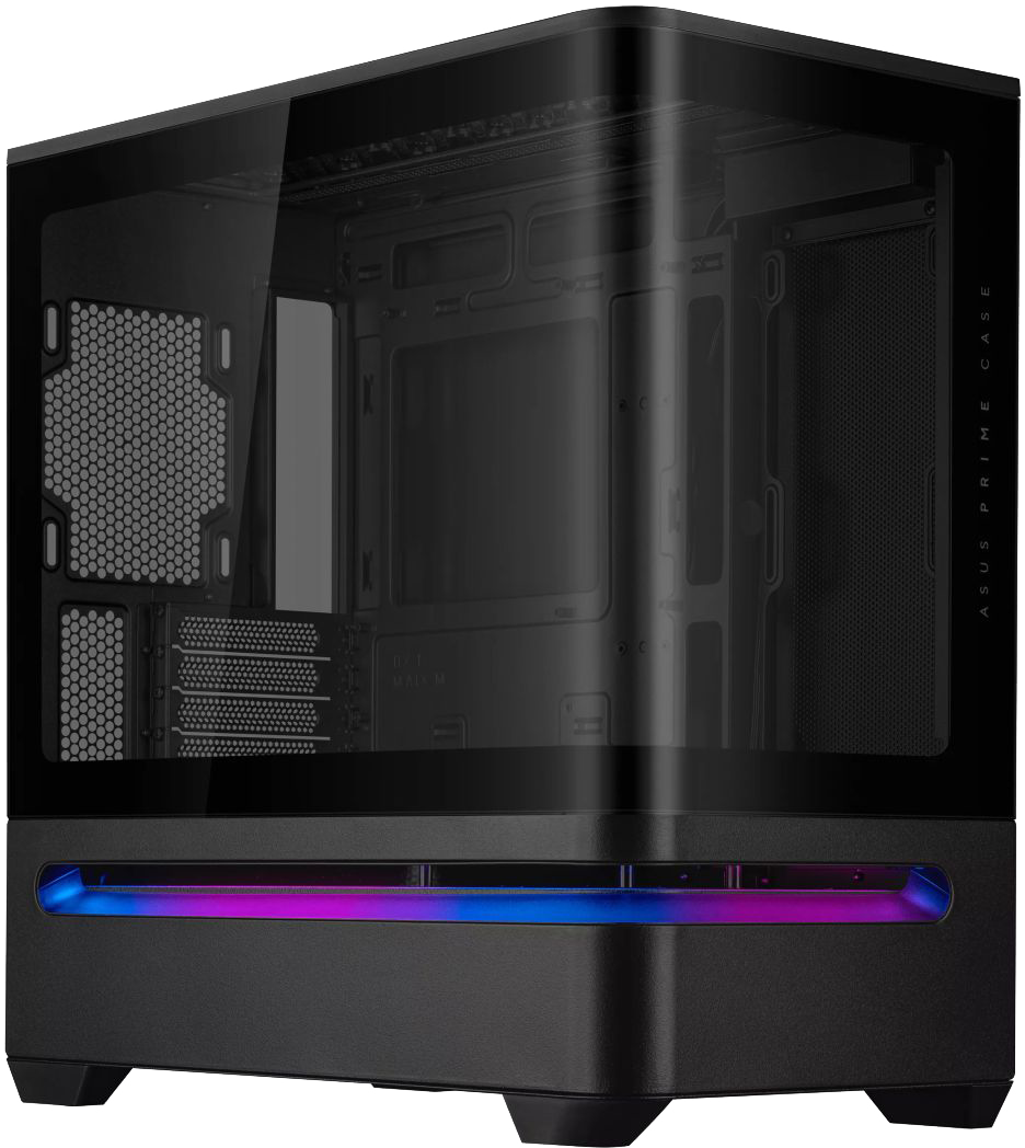 Fekete Asus Prime üveg PC ház beépített LED világítással az alján.
