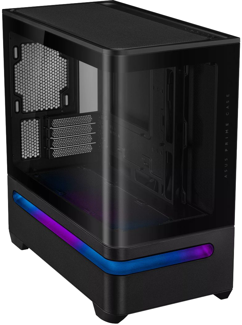 Fekete Asus Prime PC-ház üveg előlappal és alul kék-lila LED-csíkkal, sötét háttér előtt.