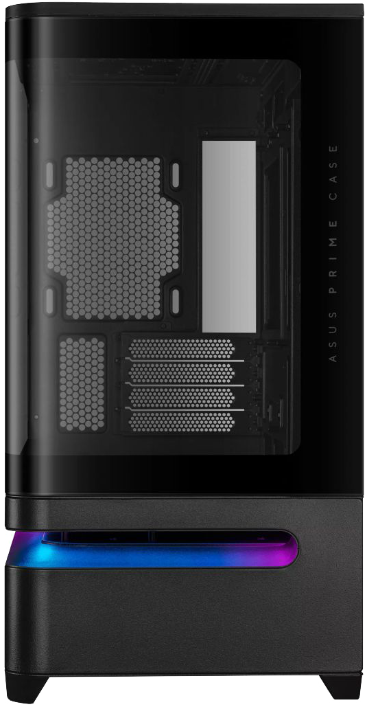 Fekete Asus Prime PC-ház üvegoldallal és kék LED-világítással alul.