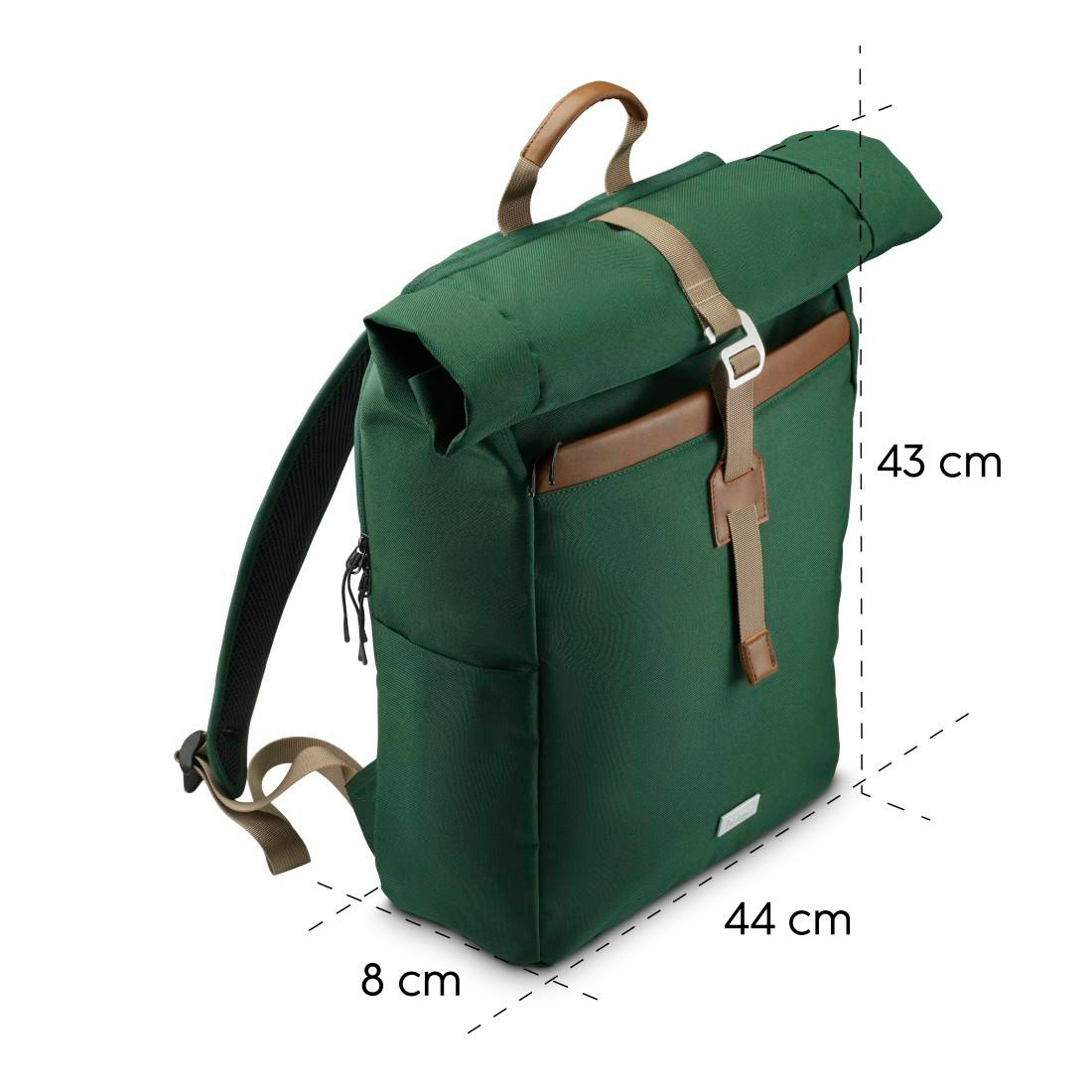 Grüner Rucksack mit braunen Akzenten und den Maßen 43x44x8 cm.