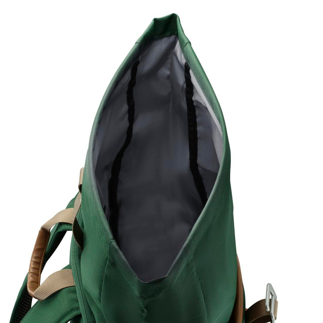 Offener grüner Rucksack mit grauem Innenfutter und braunen Riemen.