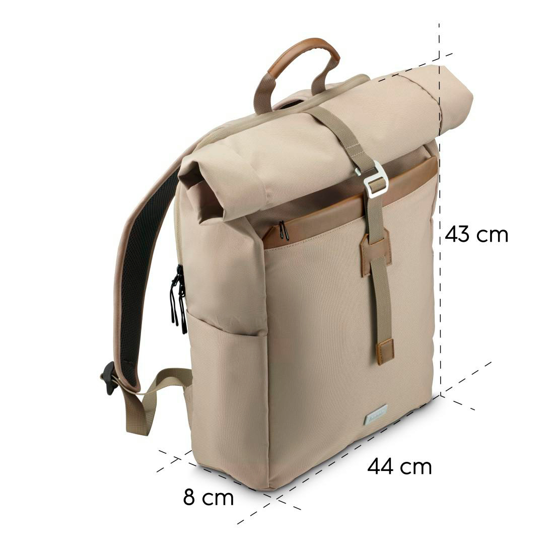 Ein beiges Roll-Top-Rucksack mit den Maßen 43x44x8 cm auf weißem Hintergrund.
