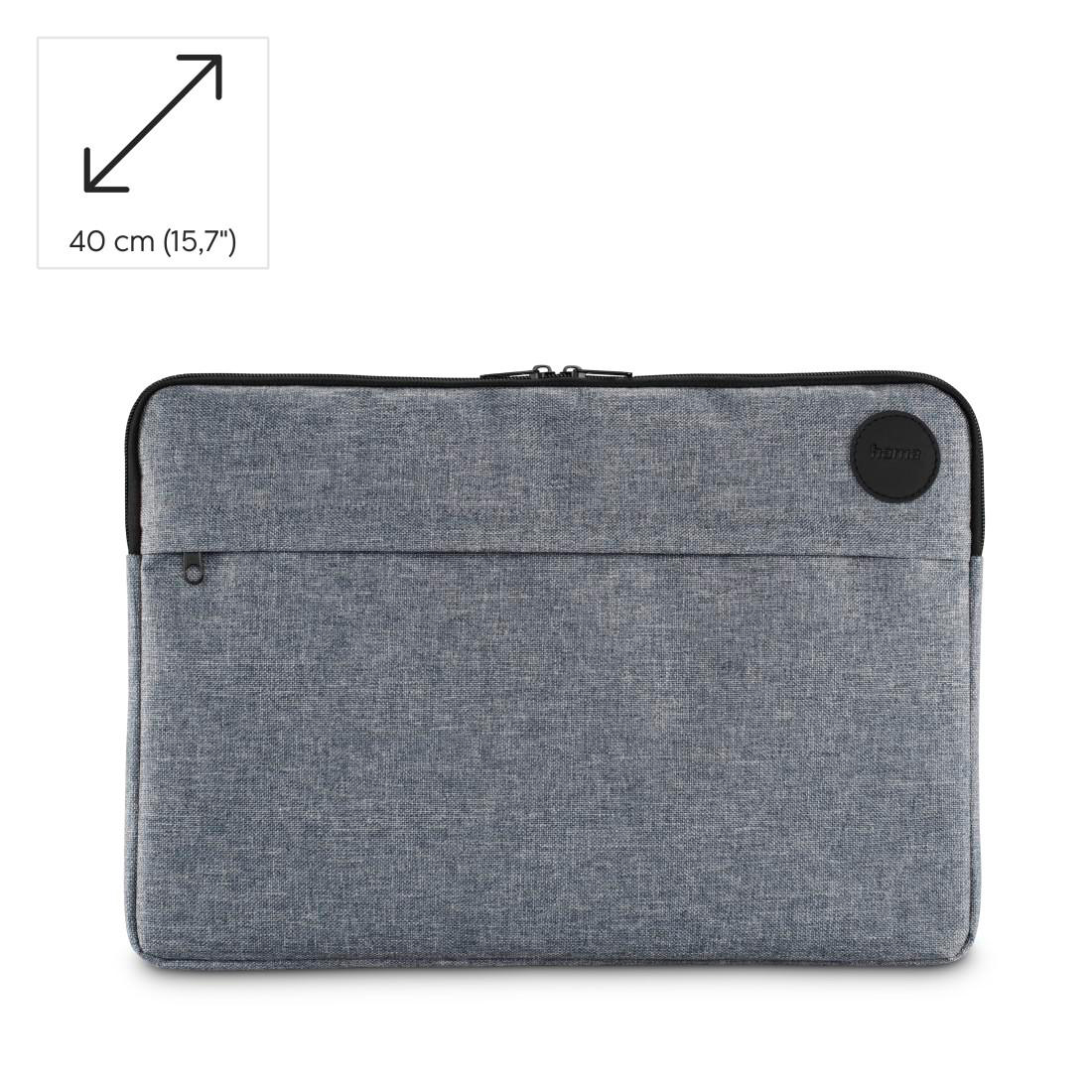 Graue Laptoptasche mit schwarzem Reißverschluss, Vordertasche und 40 cm Größenangabe.