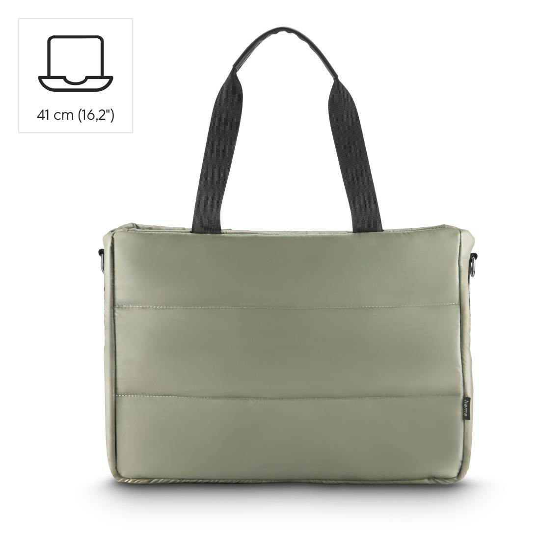 Eine olivgrüne Laptoptasche mit schwarzen Griffen und einem Größensymbol von 41 cm oben links vor weißem Hintergrund.