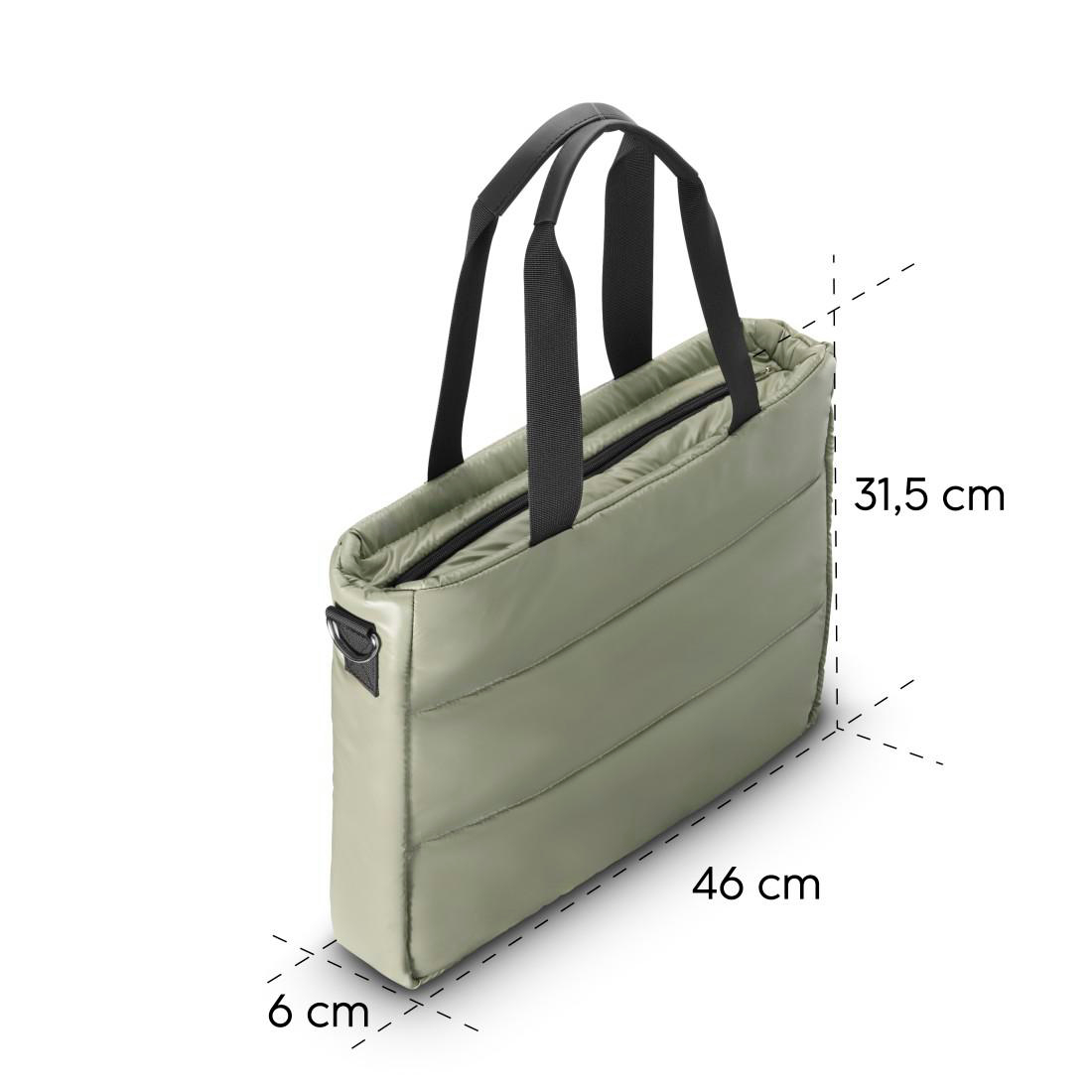Grüne gesteppte Handtasche mit schwarzen Henkeln und Maßangaben in Zentimetern auf weißem Hintergrund.