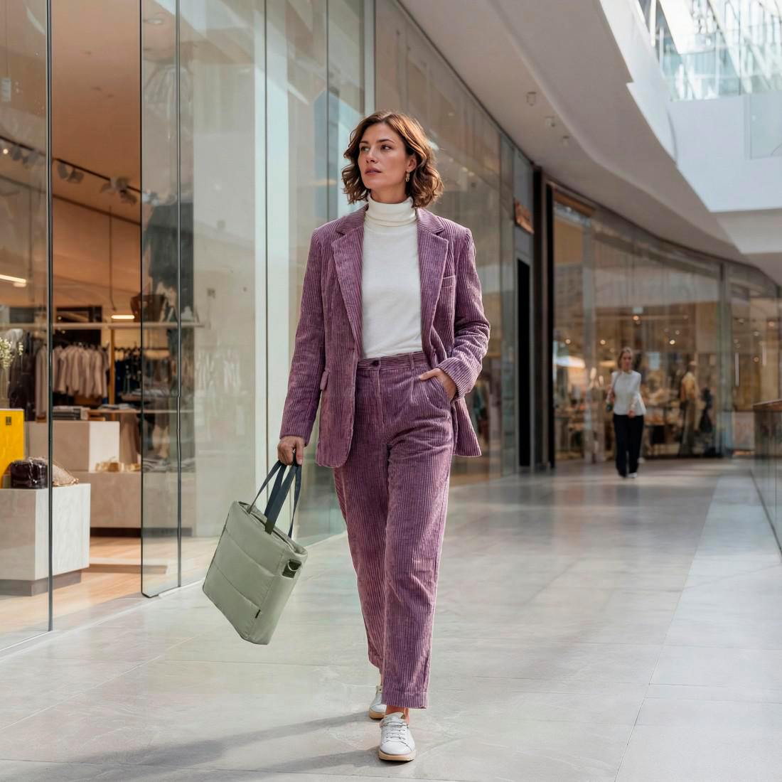 Eine Frau in einem violetten Cordanzug und weißem Pullover geht durch ein helles Einkaufszentrum und hält eine Tasche.
