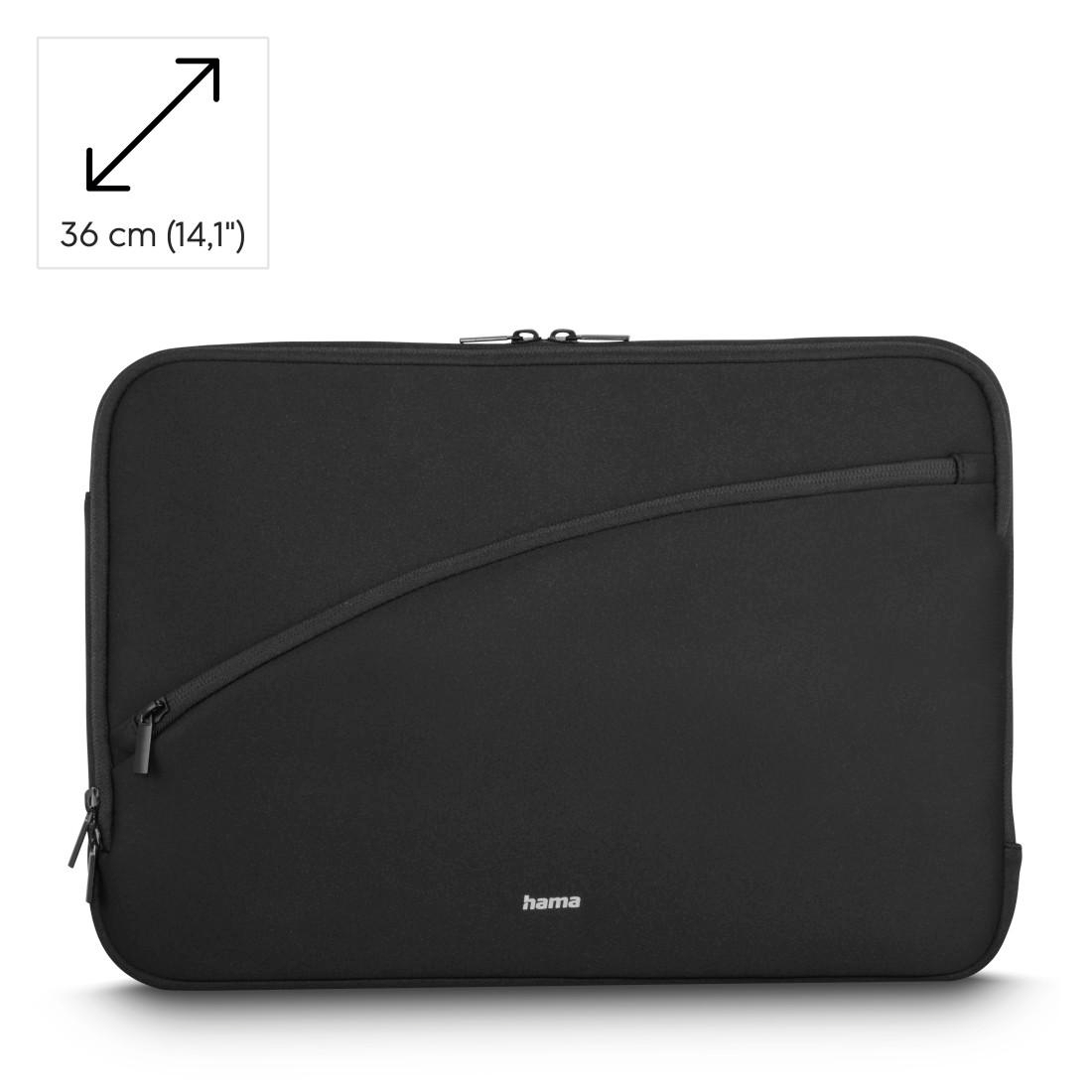 Schwarze Laptoptasche mit Hama-Logo und Diagonalfach für 36 cm (14,1") Geräte.