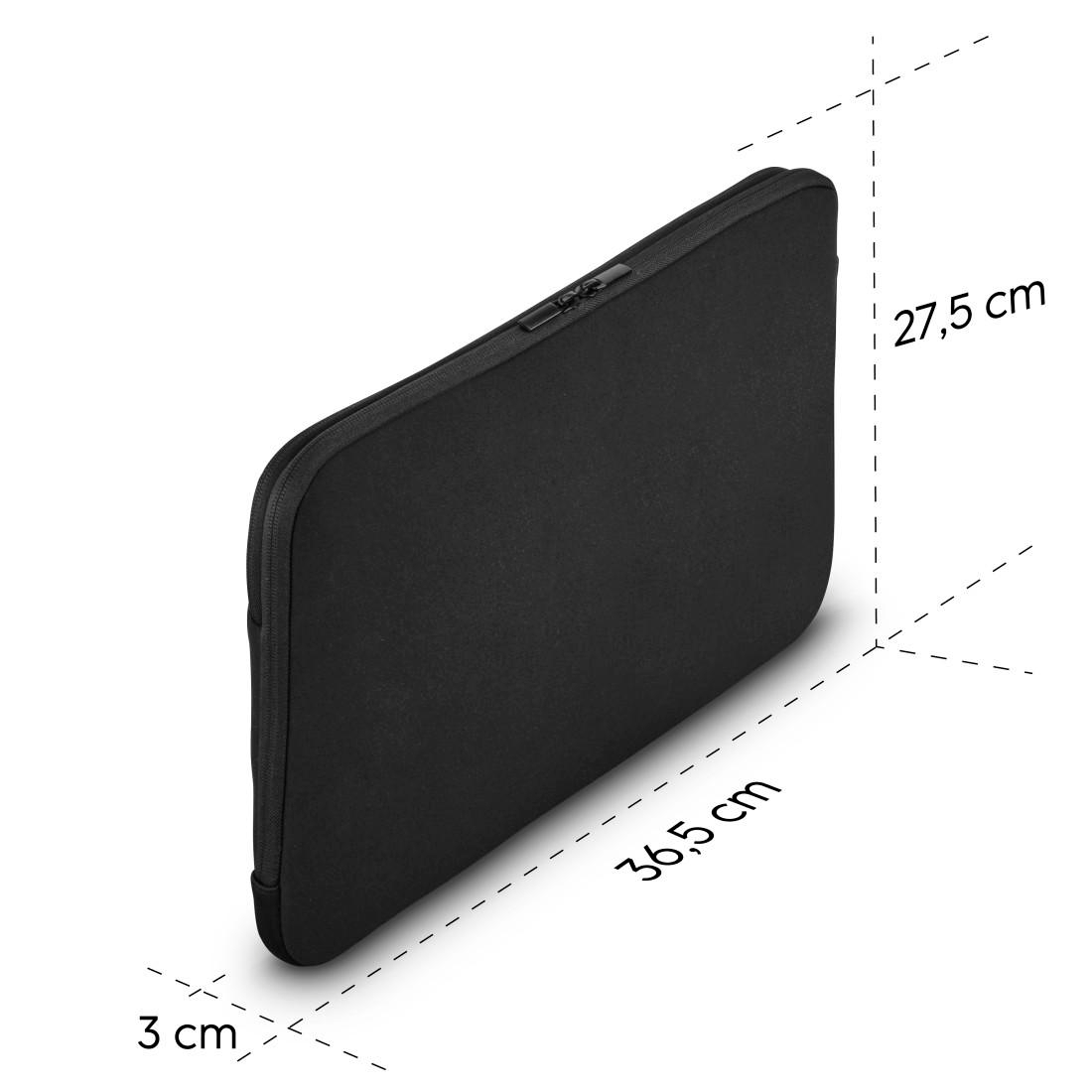 Schwarze Laptoptasche mit Maßangaben von 36,5 x 27,5 x 3 cm auf weißem Hintergrund.