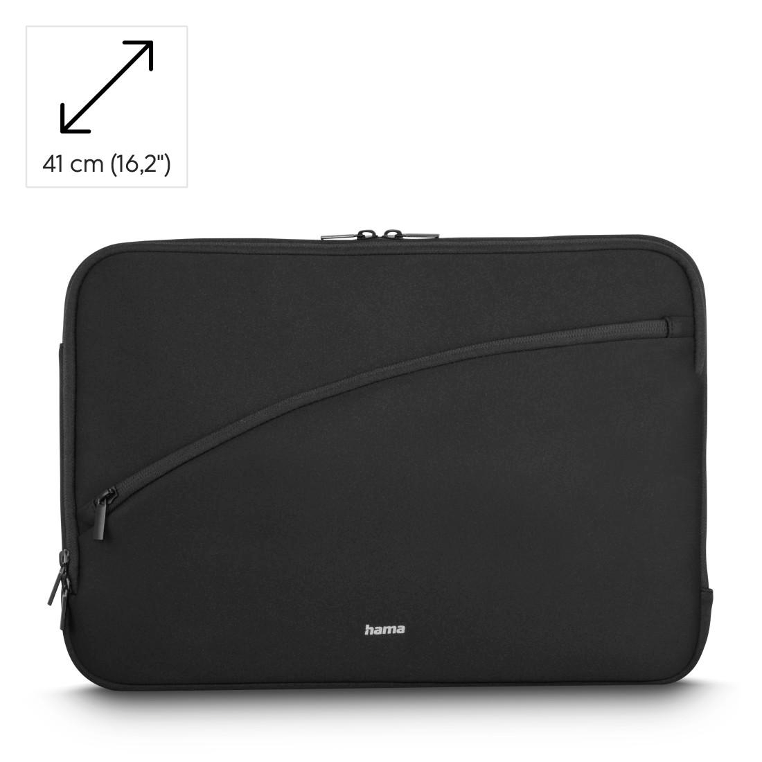 Schwarze Laptoptasche mit diagonalem Reißverschluss und Hama-Logo auf weißem Hintergrund, geeignet für 41 cm.