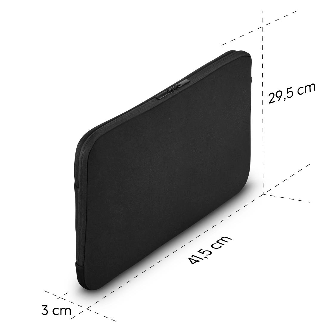 Schwarze Laptoptasche mit Maßen 41,5 x 29,5 x 3 cm auf weißem Hintergrund.