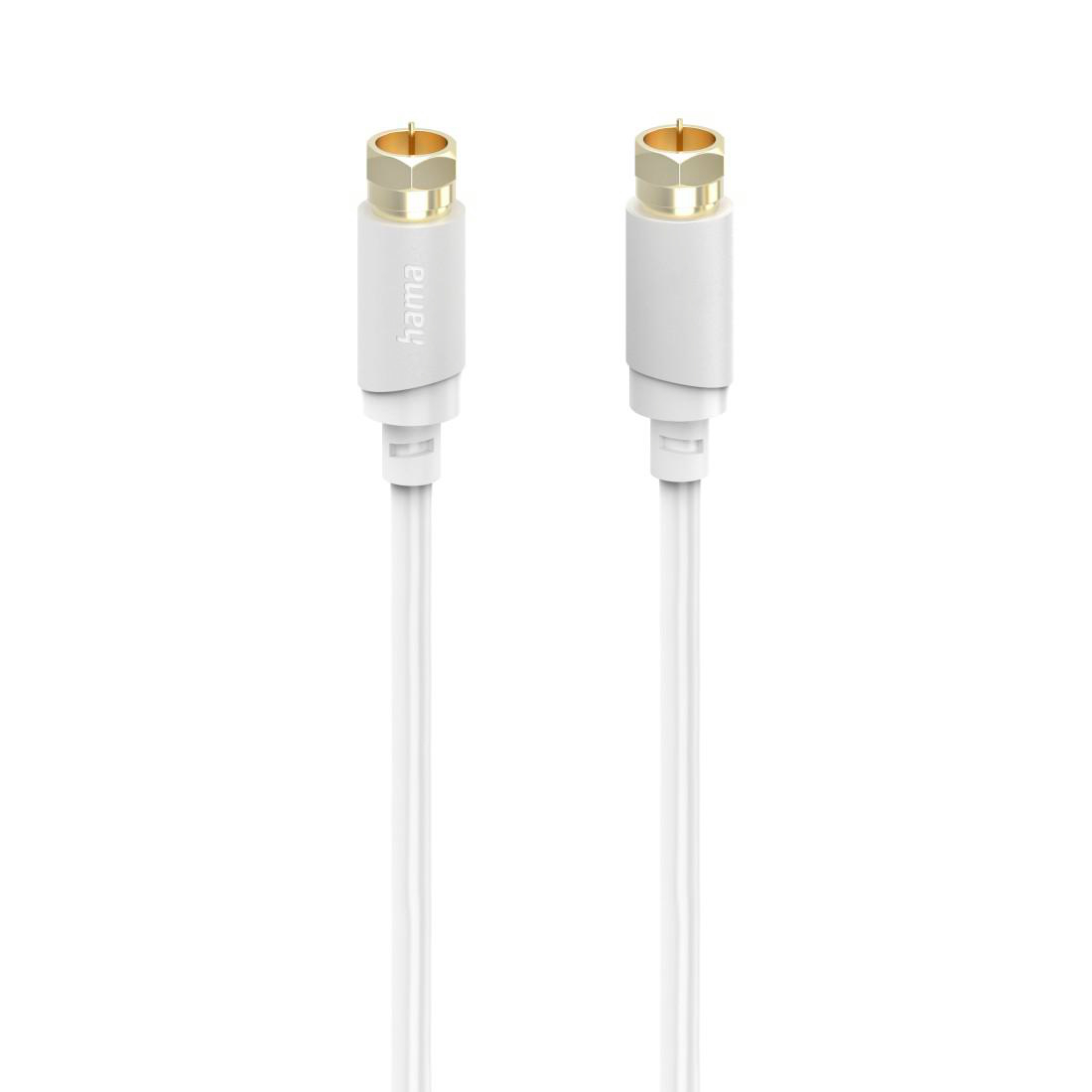Zwei weiße Koaxialkabel mit goldenen Steckern vor weißem Hintergrund.