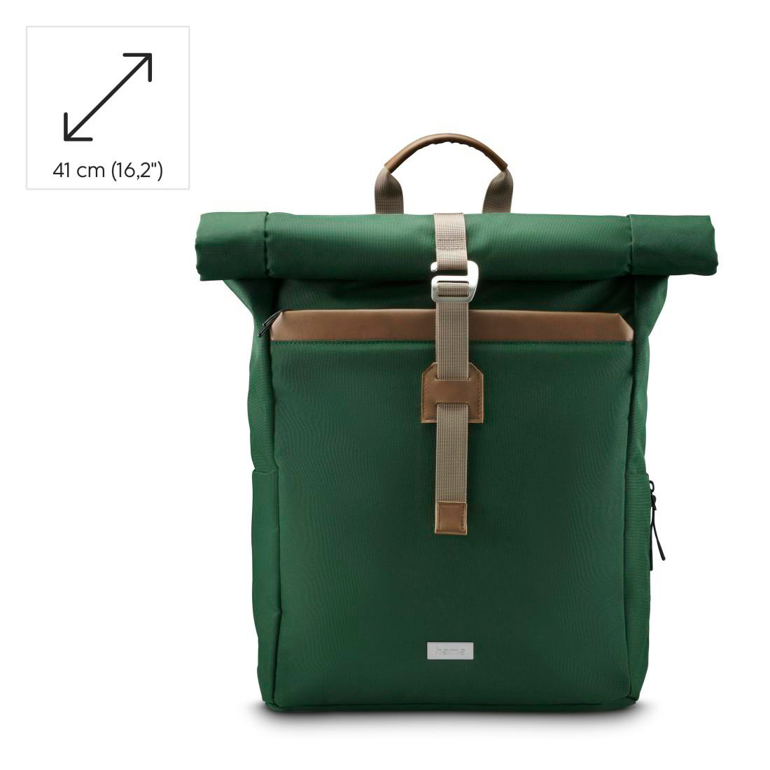 Grüner Rolltop-Rucksack mit braunen Akzenten, Griff oben und einem vorderen Gurt mit Metallverschluss.