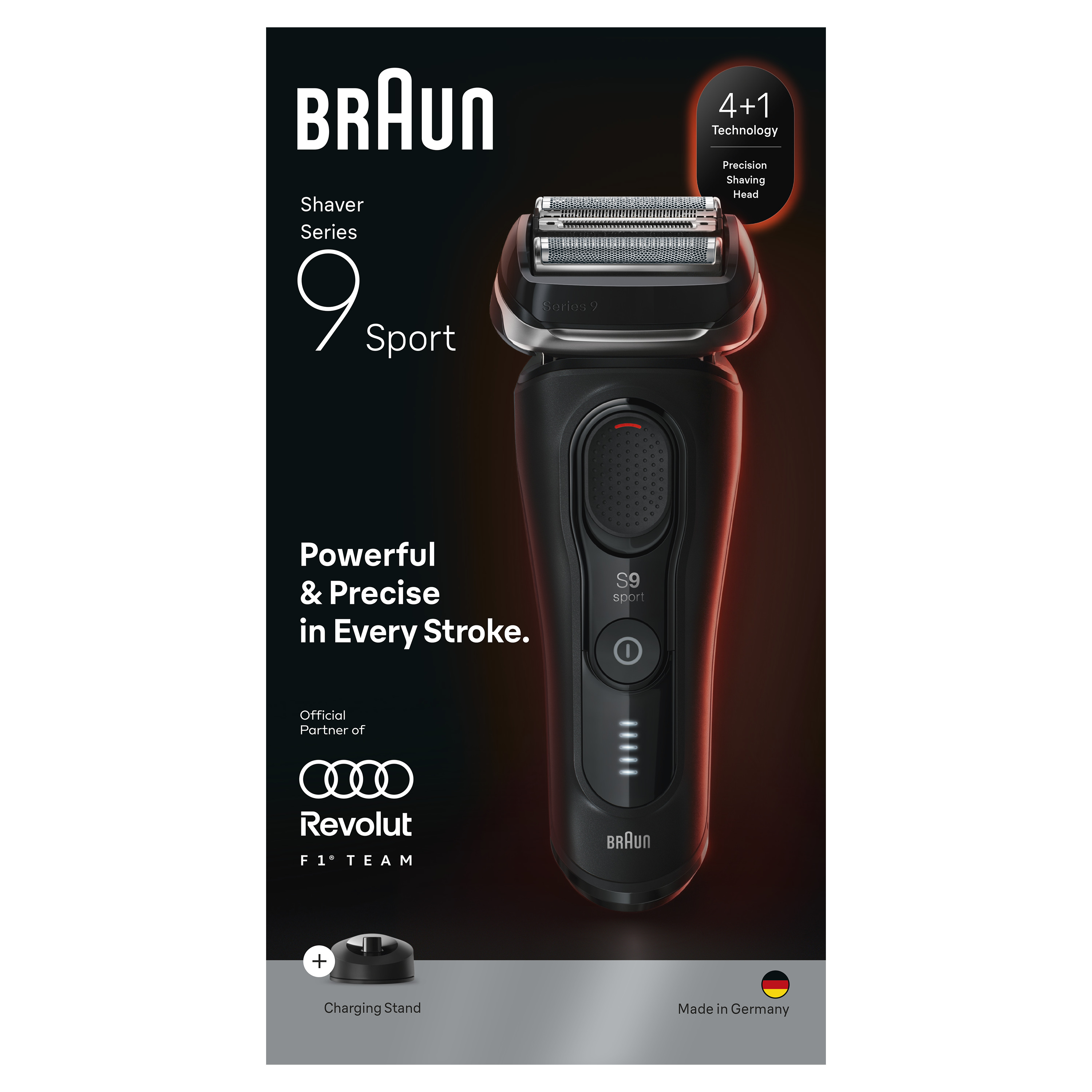 Siyah gövveli ve gümüş başlıklı Braun Series 9 Sport tıraş makinesi, koyu arka plan üzerinde.