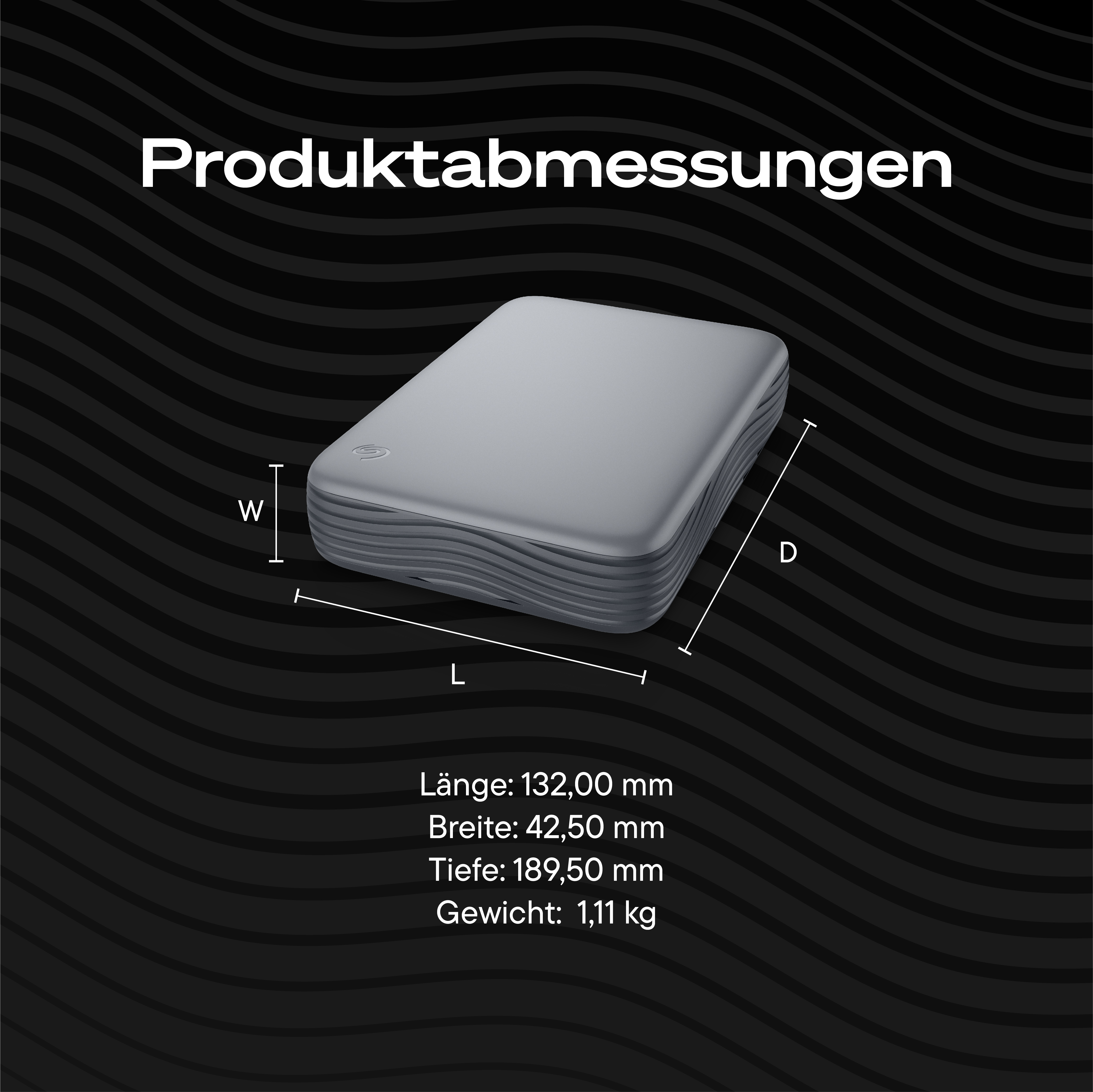 Produktabmessungen einer grauem Festplatte mit Längen-, Breiten- und Tiefenangaben auf schwarzem Hintergrund.