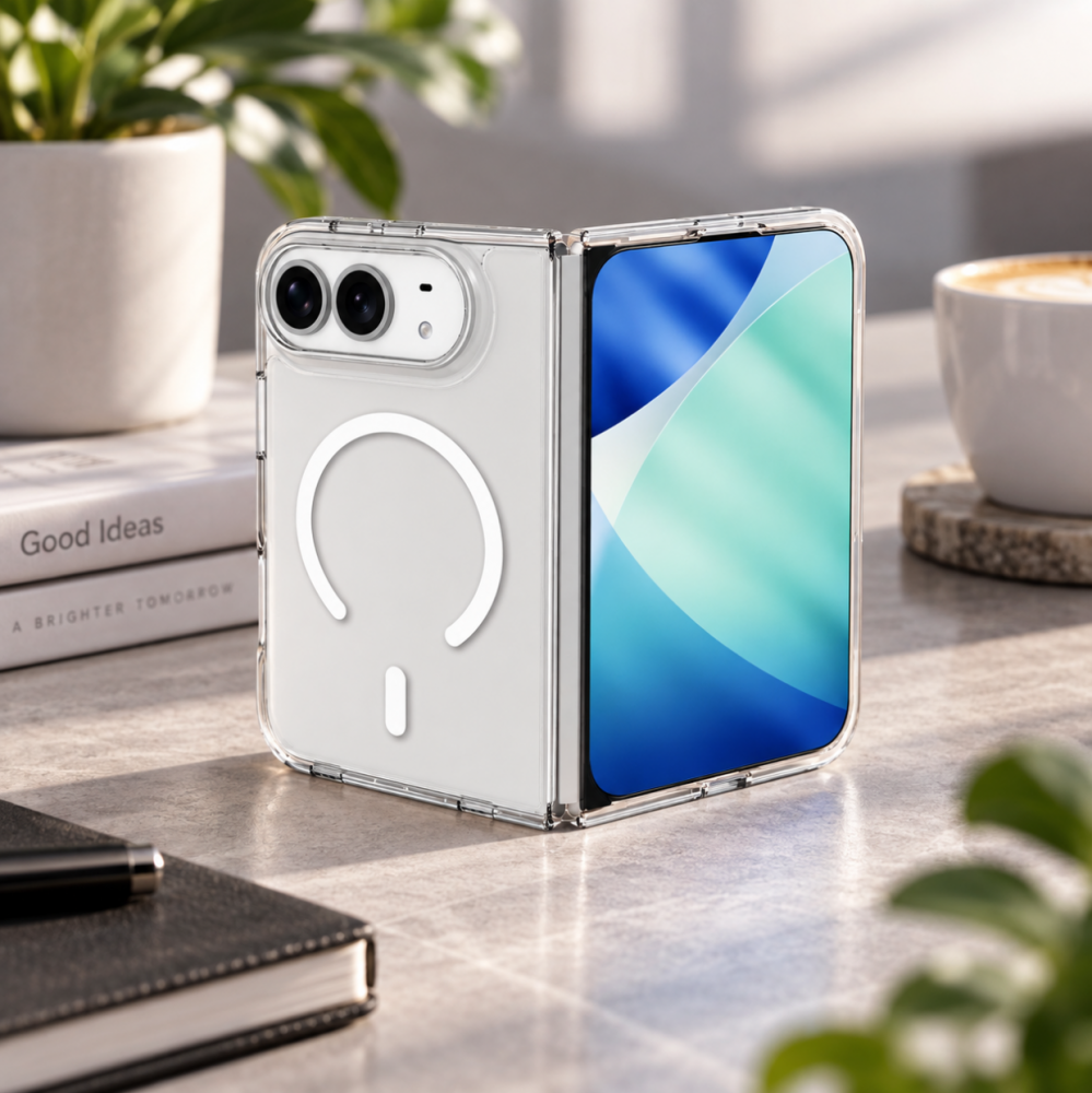 Összehajtható okostelefon áttetsző tokban MagSafe gyűrűvel egy asztalon, kávé és jegyzetfüzet mellett.
