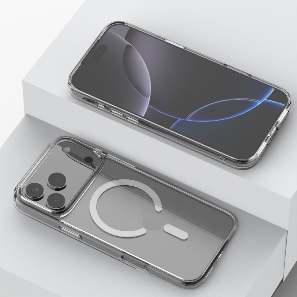 Két okostelefon átlátszó tokban, MagSafe gyűrűvel, fehér lépcsőn.