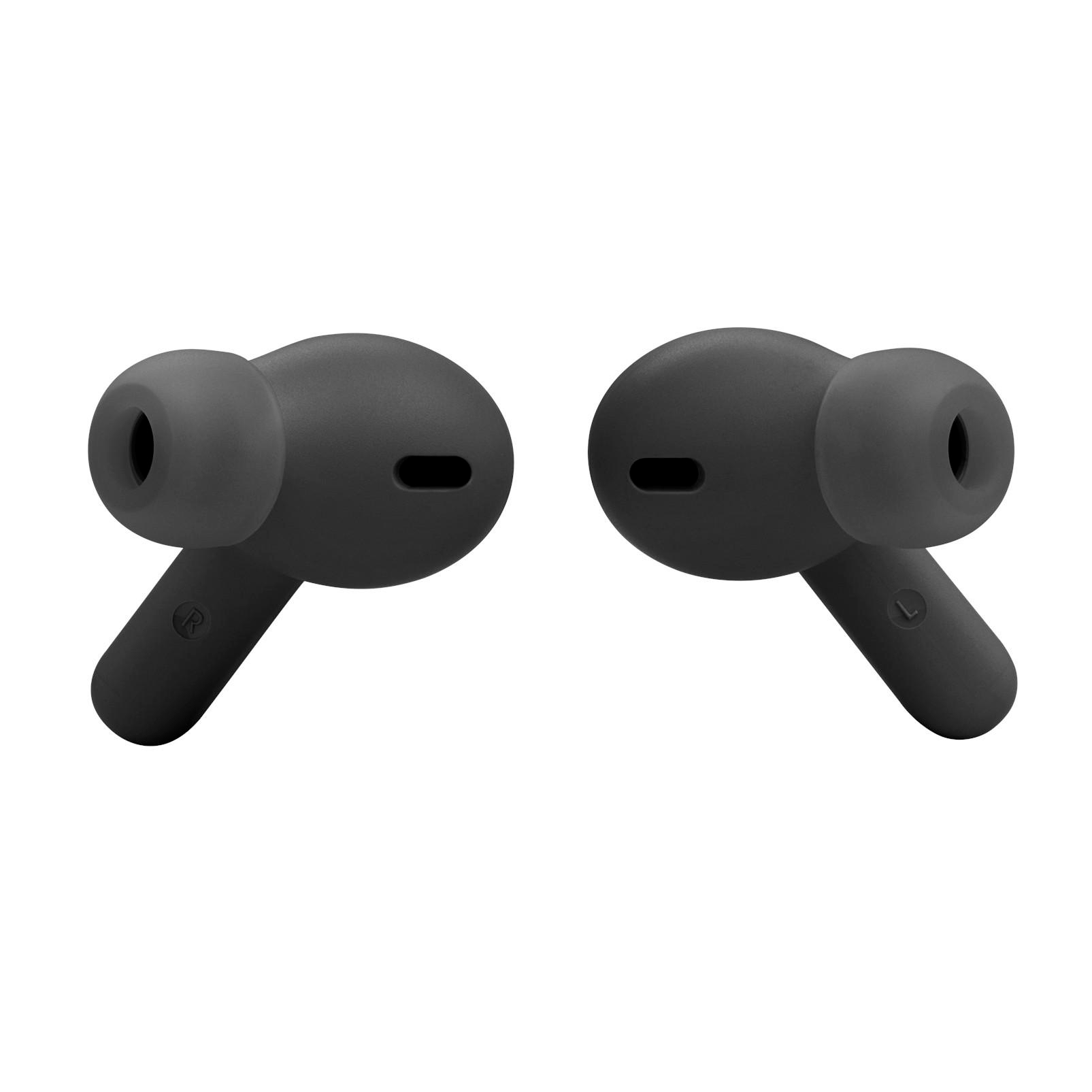 Zwei schwarze kabellose In-Ear-Kopfhörer auf einem rein weißen Hintergrund.