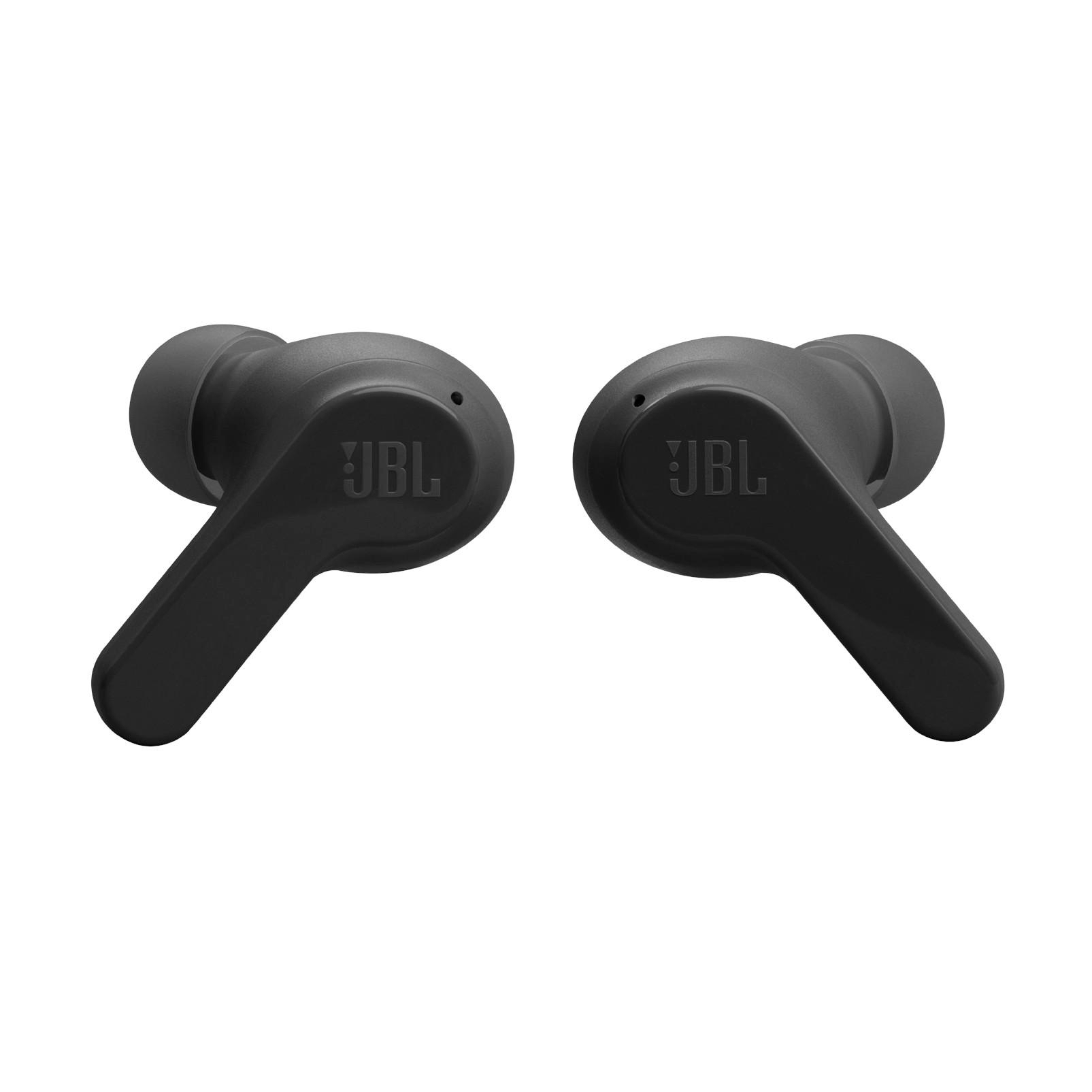 Zwei schwarze JBL In-Ear-Kopfhörer mit Stielen auf weißem Hintergrund.