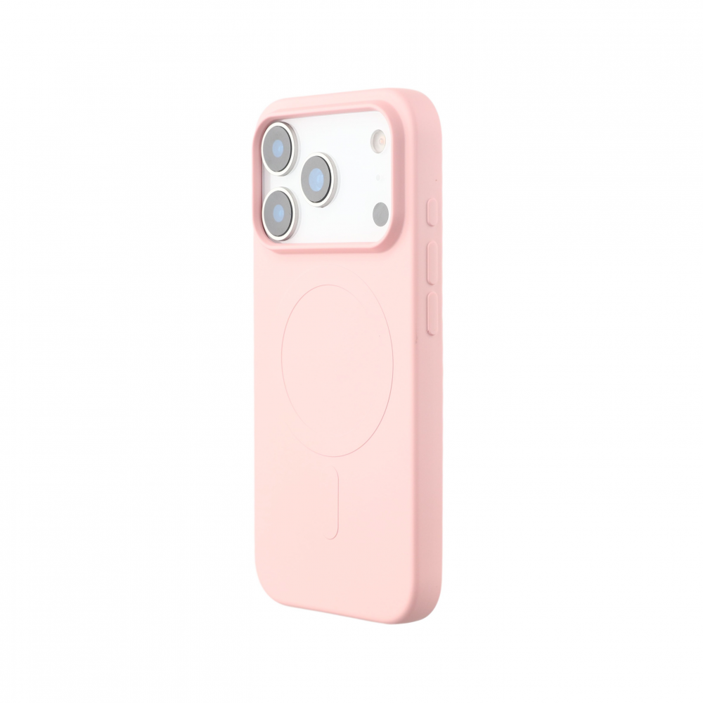Rózsaszín okostelefon tok kamera kivágással és MagSafe gyűrűvel fehér háttér előtt.