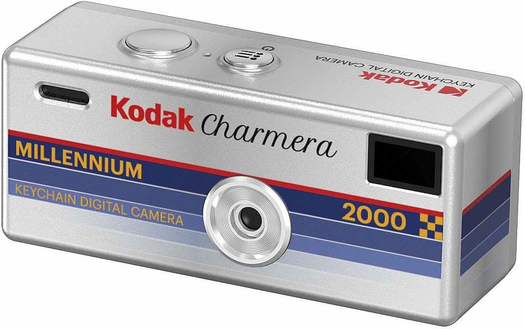 Appareil photo numérique argenté Kodak Charmera 2000 avec texte rouge et bandes bleues.