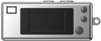 Appareil photo numérique compact argenté avec écran rectangulaire et boutons.
