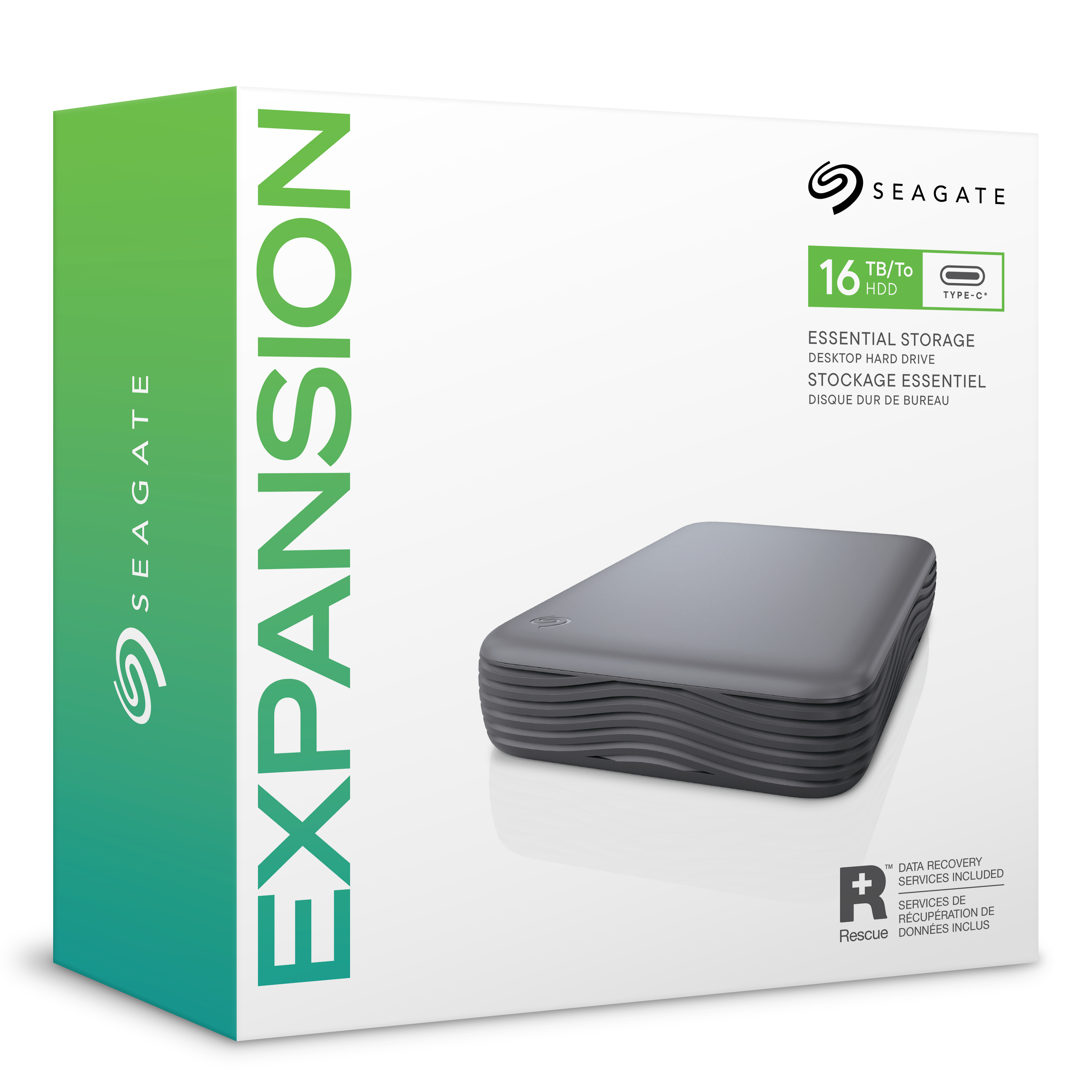 Seagate Expansion 16TB Desktop-Festplattenkarton mit der grauen externen Festplatte vorne.