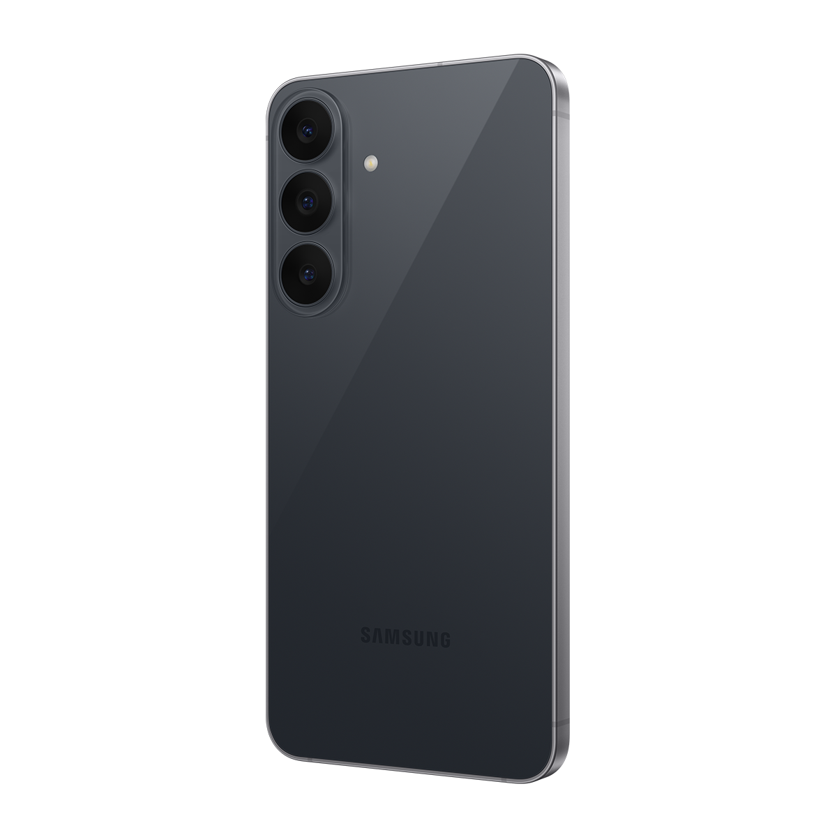 Üç dikey kamerası, LED flaşı ve Samsung logosu olan gri bir akıllı telefonun arkası.