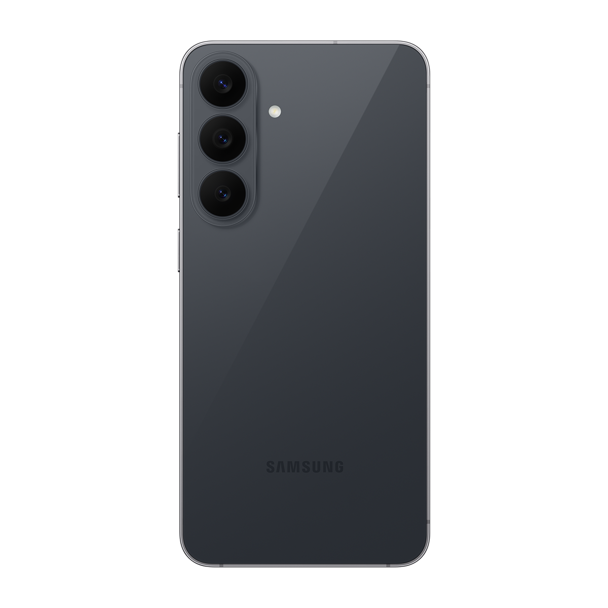 Siyah arka planda üç dikey kameraya ve Samsung logosuna sahip gri bir Samsung akıllı telefonun arkası.