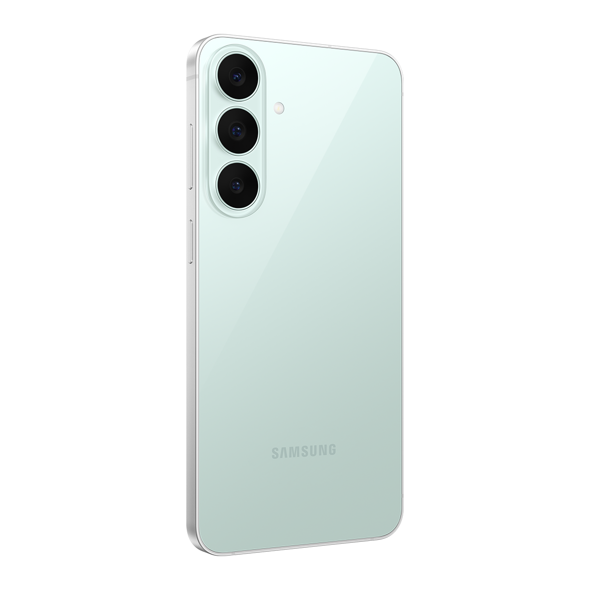 Siyah arka planda dikey üçlü kameraya ve logoya sahip nane yeşili bir Samsung akıllı telefonun arkası.