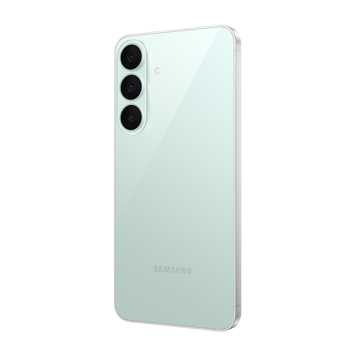 Siyah arka plan üzerinde dikey üçlü kameralı açık yeşil bir Samsung akıllı telefonun arkası.