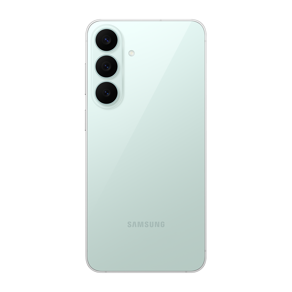 Dikey üçlü kamera kurulumuna sahip açık yeşil bir Samsung akıllı telefonun arkası.