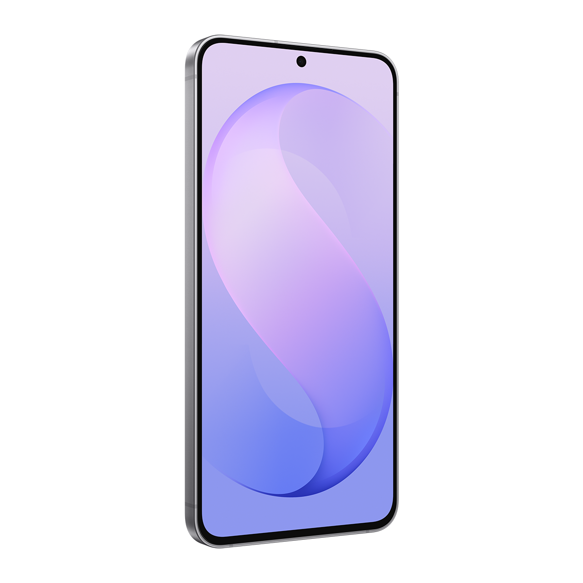 Gümüş gri çerçeveli akıllı telefon, siyah arka plan üzerinde ekranında soyut mor bir desen gösteriyor.