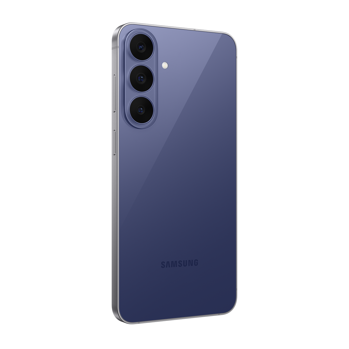 Siyah arkaplanda arkadan görünen mor Samsung akıllı telefon, üç dikey kamerası var.