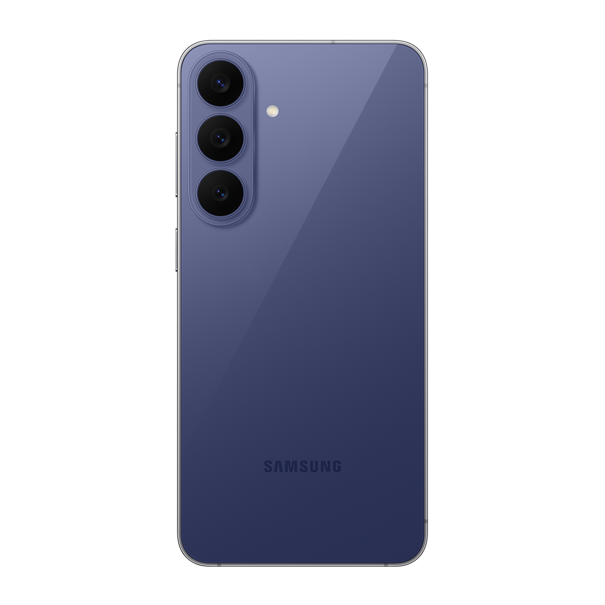 Dikey konumlandırılmış üç kameraya ve Samsung logosuna sahip mavi bir Samsung akıllı telefonun arkası.