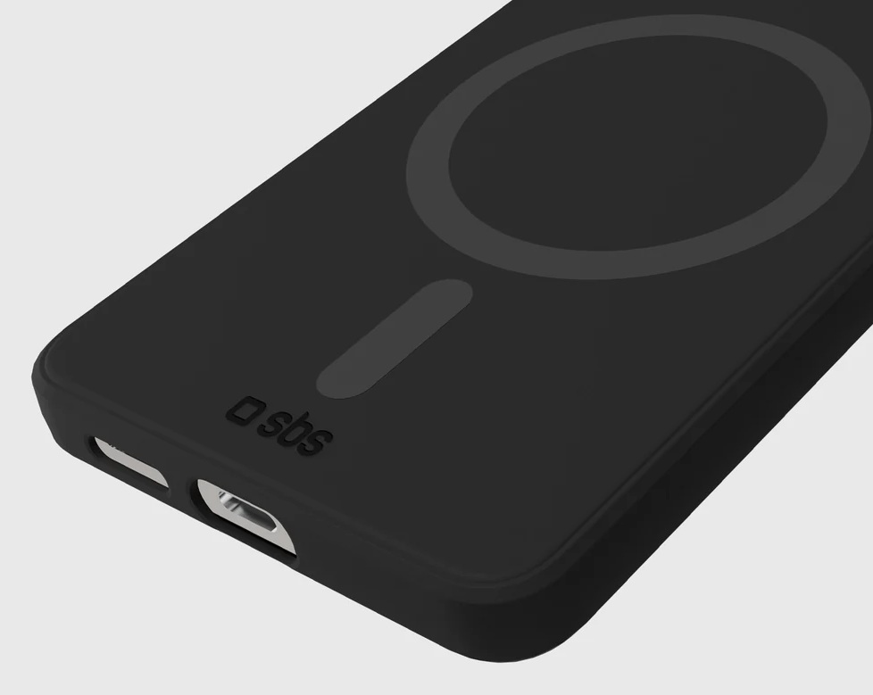 Czarne etui na telefon SBS z pierścieniem MagSafe na jasnej powierzchni.