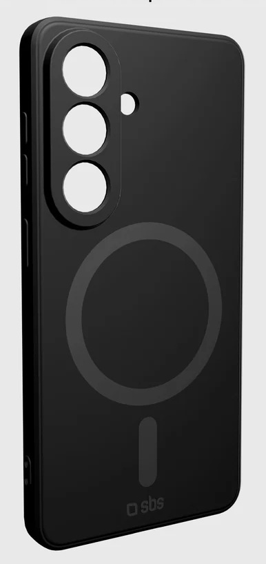 Czarne etui na smartfon z wycięciem na aparat i okrągłym znakiem.