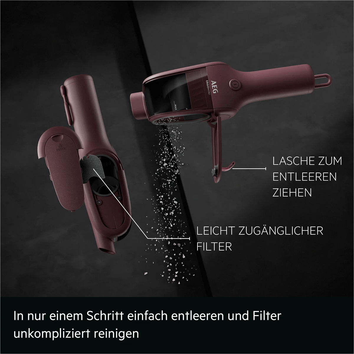 Roter AEG Handstaubsauger zeigt das Entleeren von Schmutz und den Filter mit deutschen Texten.