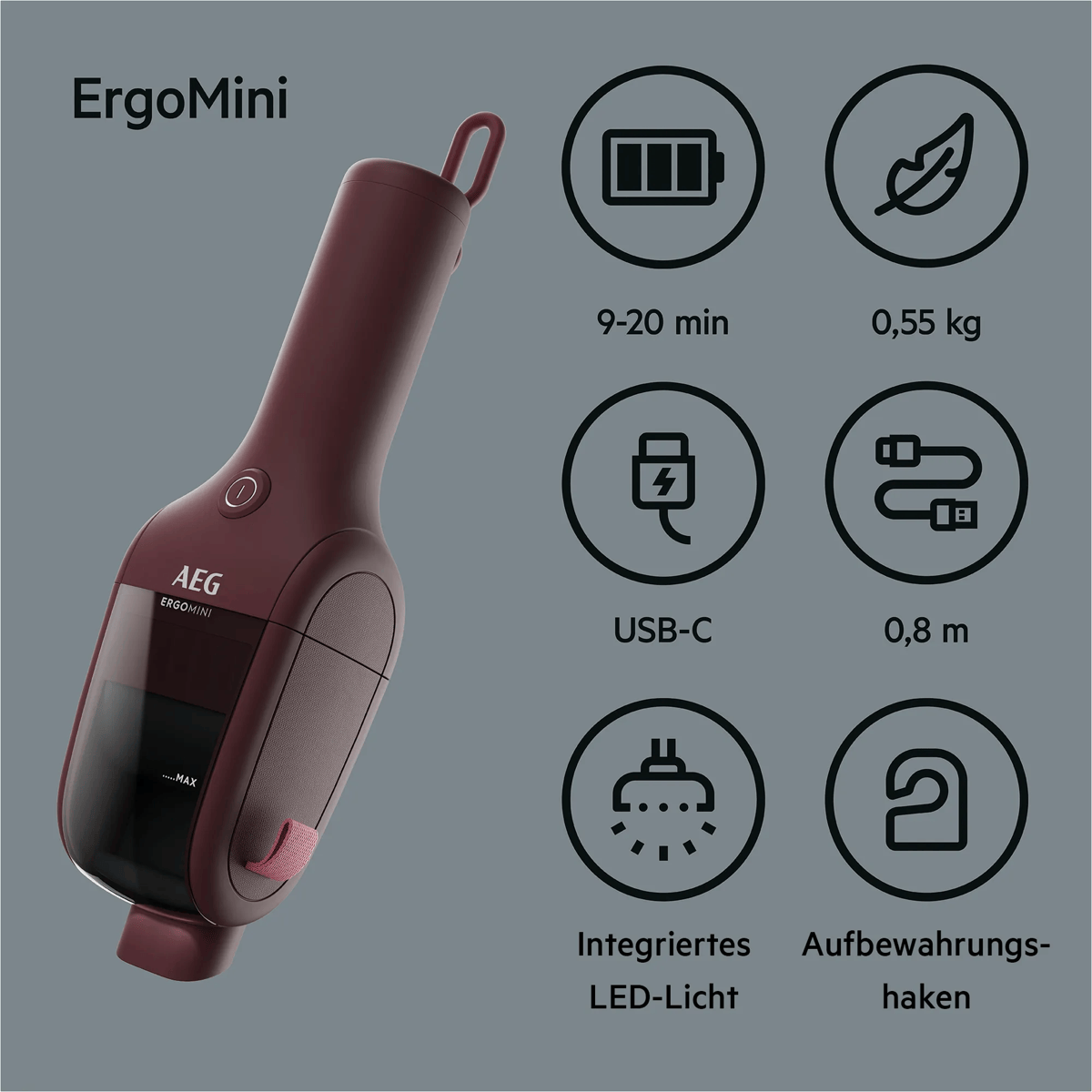 Roter ErgoMini Handstaubsauger mit Icons für Akku, Gewicht, USB-C, Kabellänge, LED-Licht und Haken.