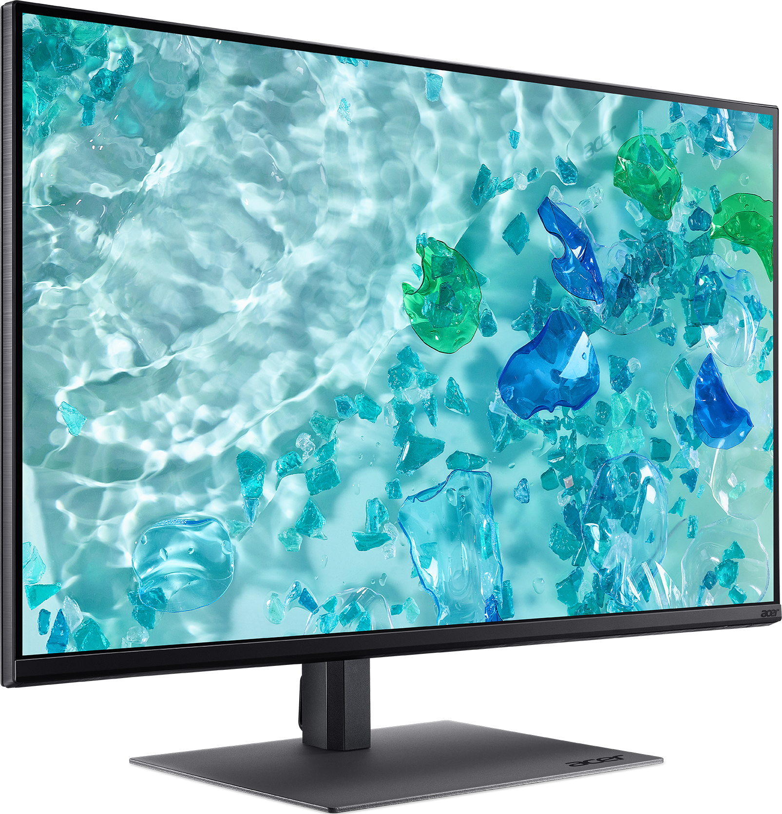 Un moniteur Acer affiche un fond abstrait d'eau turquoise et de débris de verre.