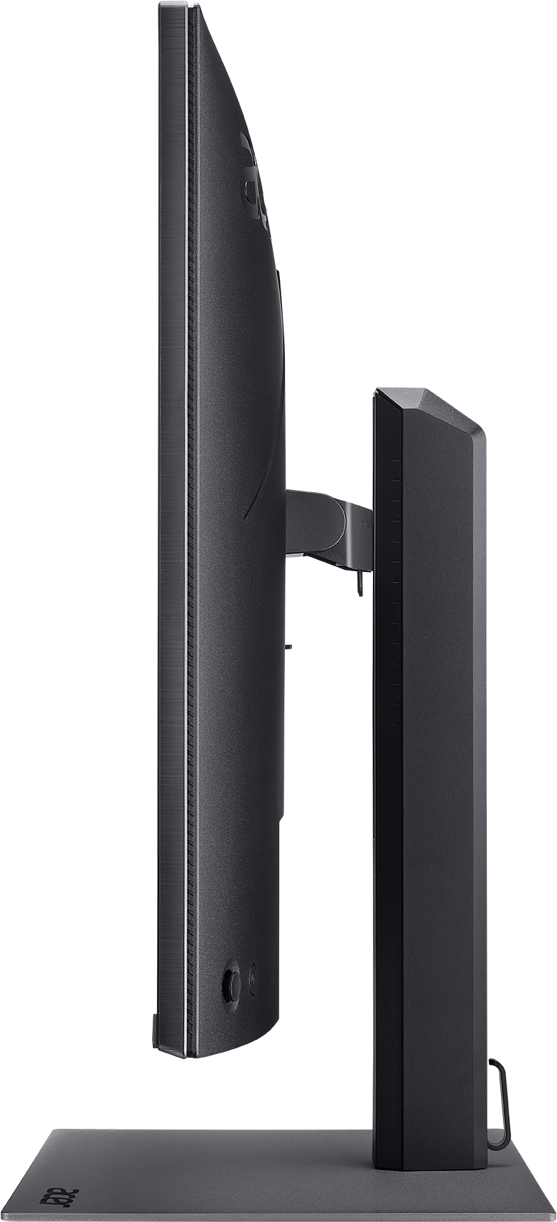 Vue latérale d'un moniteur noir avec support sur fond noir.