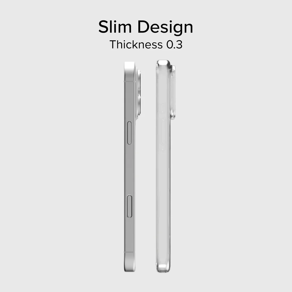 Schlankes Design mit 0,3 mm Dicke, zeigt die schlanken Seitenprofile von zwei Smartphone-Hüllen.
