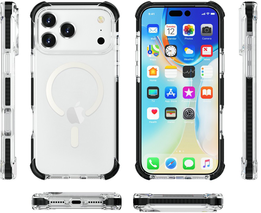 Egy iPhone különböző nézetei átlátszó, fekete keretes védőtokban.
