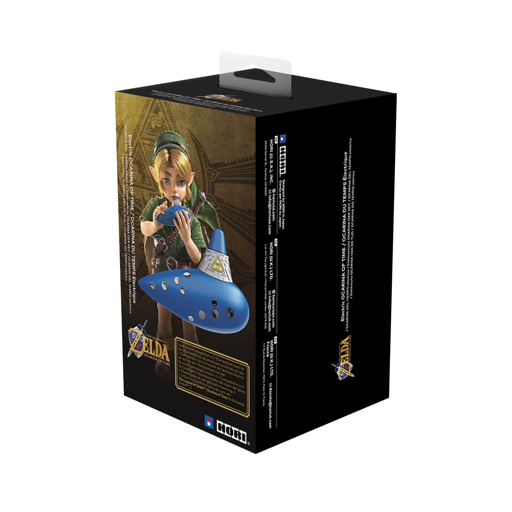 Caja de producto negra con arte de Zelda Ocarina of Time y figura de ocarina azul.