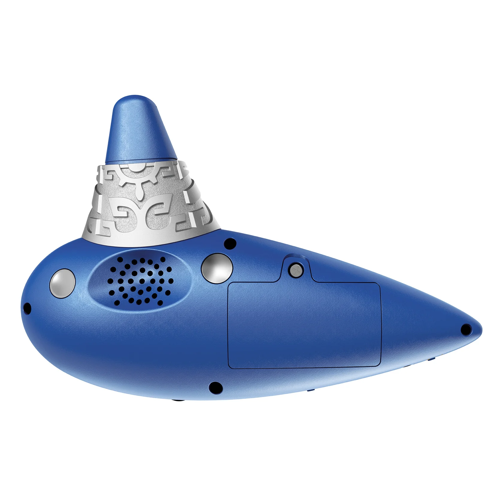 Una ocarina azul con patrones plateados decorativos, orificios para altavoz y botones sobre fondo blanco.