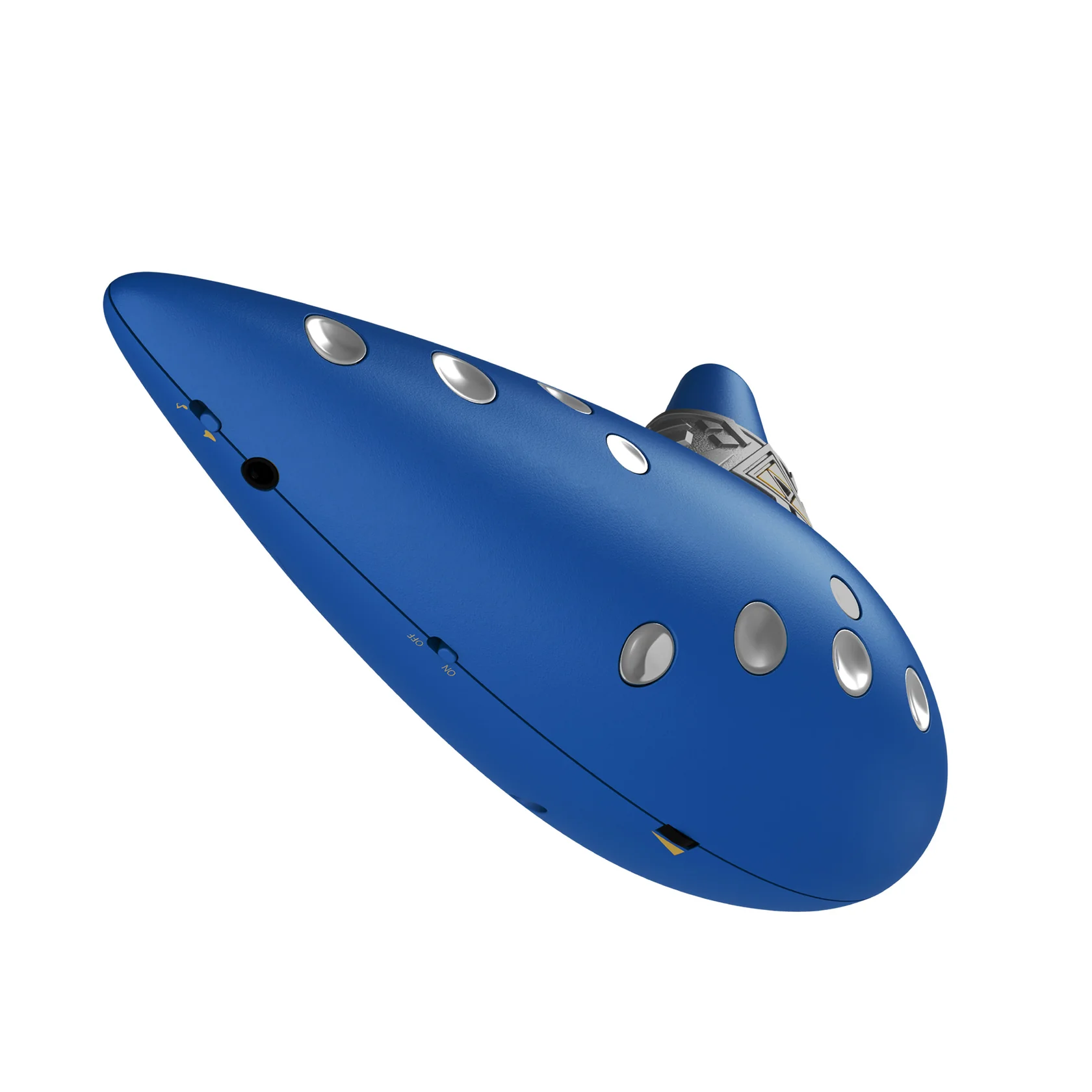 Una ocarina azul con botones y patrones plateados sobre un fondo blanco.