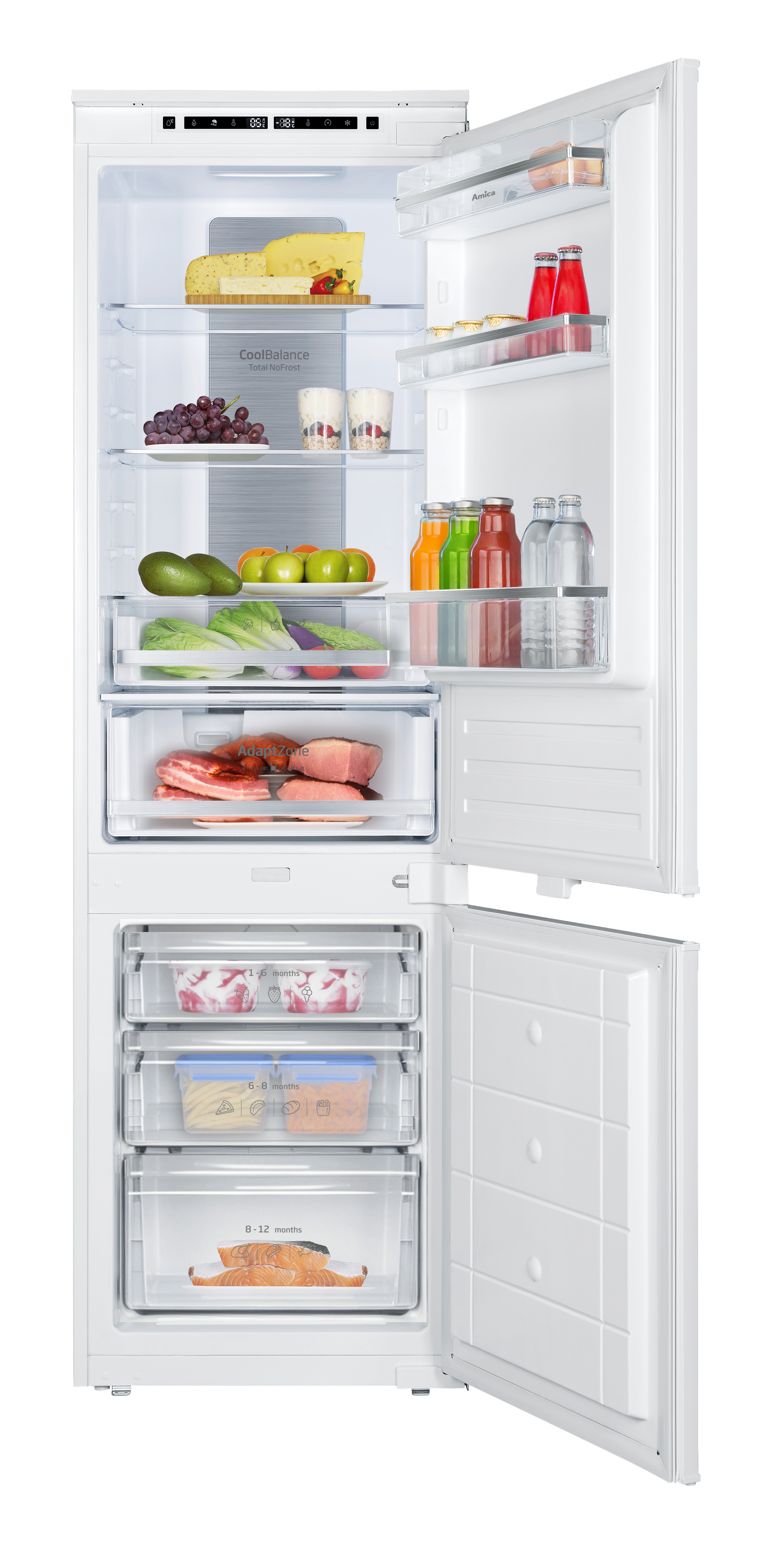 Ein weißer Kühlschrank mit geöffneten Türen, gefüllt mit Obst, Gemüse, Käse, Fleisch und Flaschen.
