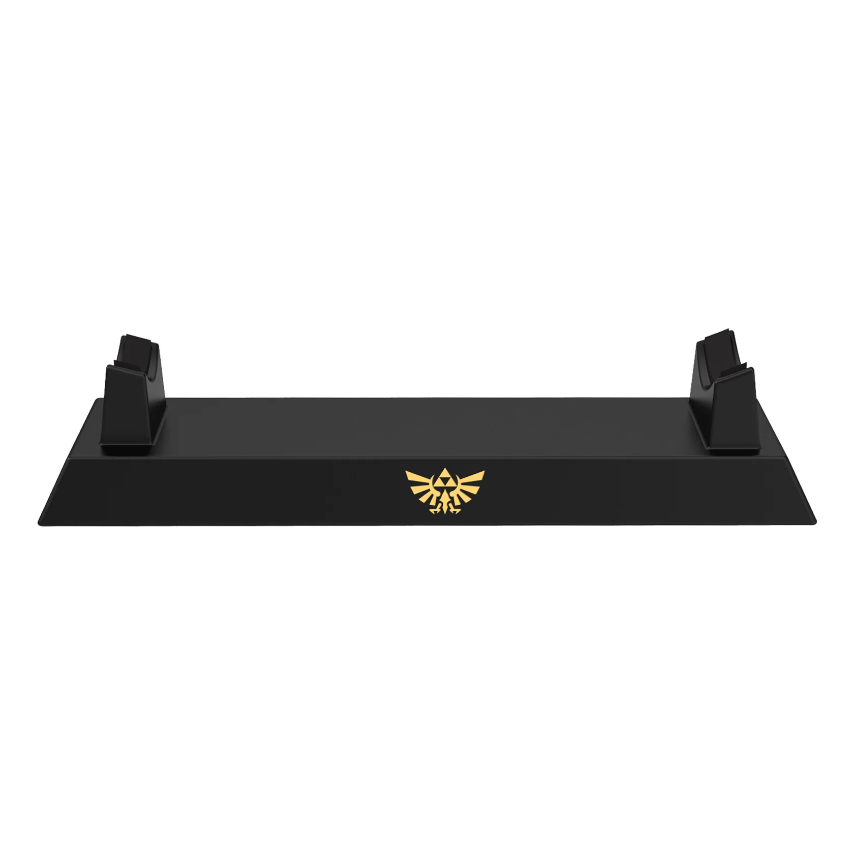 Un soporte de plástico negro con un logotipo Triforce dorado al frente y dos soportes.